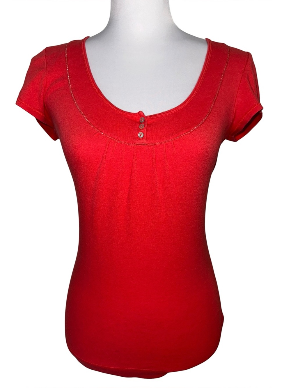 Aeropostale Coral‎ Henley Scoop Neck Top XL Stretch Short Sleeve Babydoll Y2K